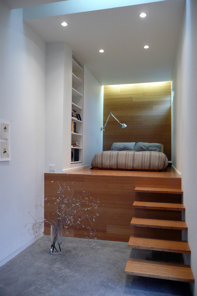 Elevated Platform Bed Bedroom Industrial with Accent Lighting Built in Bookshelf
