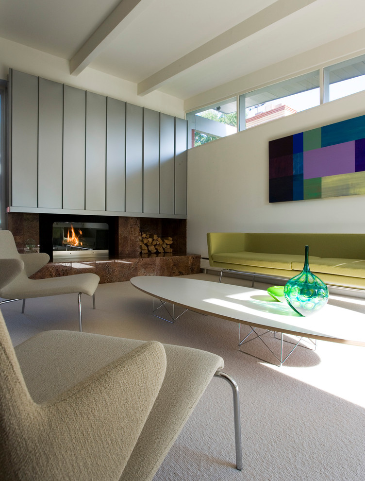 Elliptical Coffee Table Living Room Modern with Artwork Carpeting Clerestory Windows