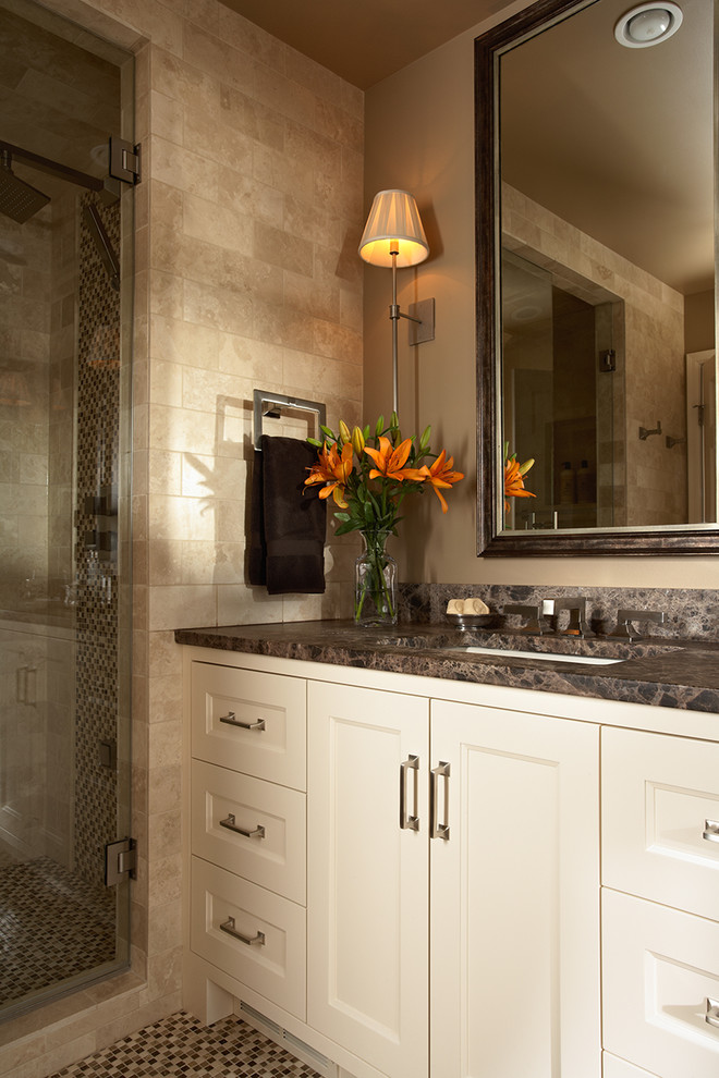 Emperador Dark Marble Bathroom Transitional with Bathroom Custom Mirror Marble