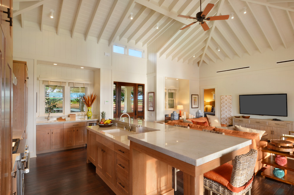 End Table Height Kitchen Tropical with Beige Countertop Ceiling Fan