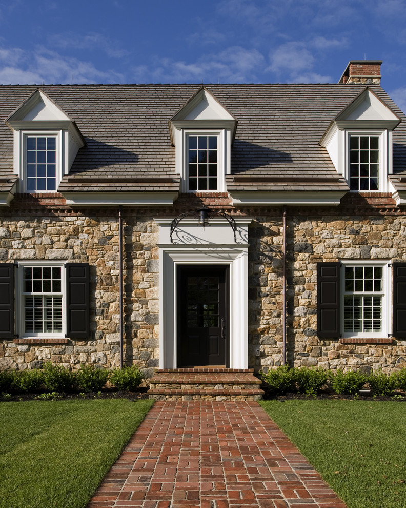 Entry Door Trim Exterior Traditional with Black Shutters Brick Brick