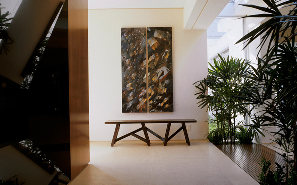 Entry Way Bench Hall Contemporary with Art Work Container Plants