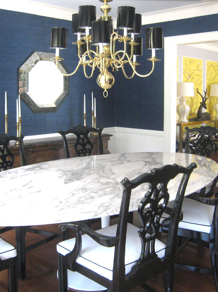 Espresso Wood Floors Dining Room Eclectic with Black Grasscloth Modern Navy