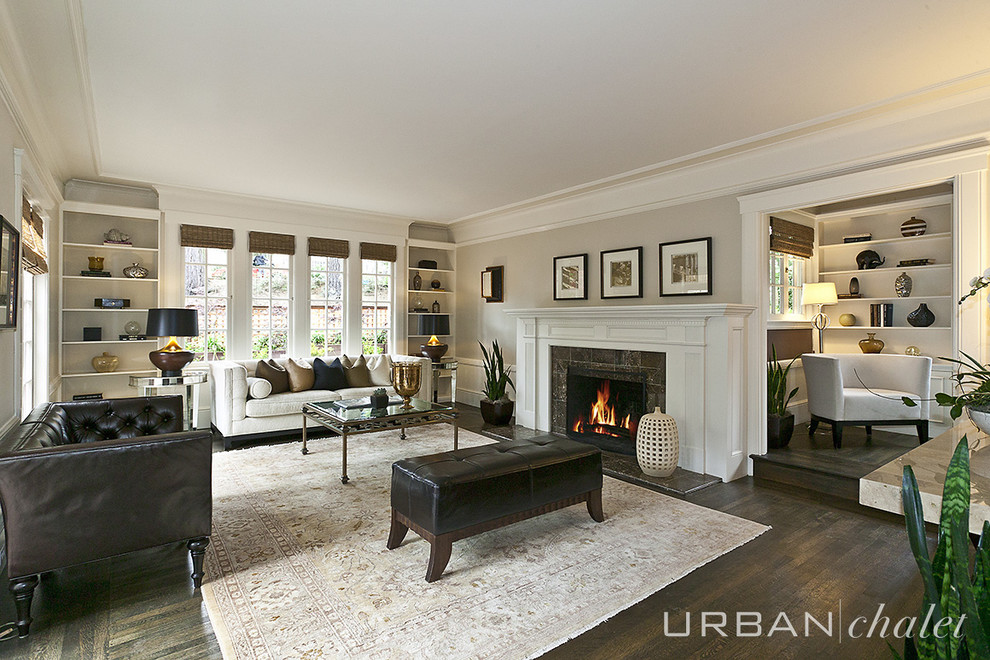Espresso Wood Floors Living Room Traditional with Chair Rail Crown Molding