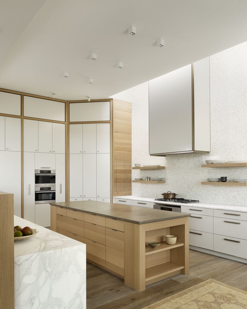 European Oak Flooring Kitchen Contemporary with Ceiling Lighting Floating Shelves