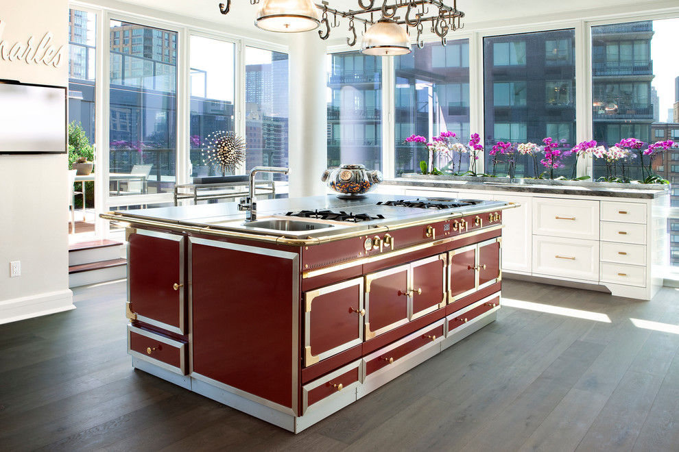 European Oak Flooring Kitchen Eclectic with Baseboards Blue Breakfast Room