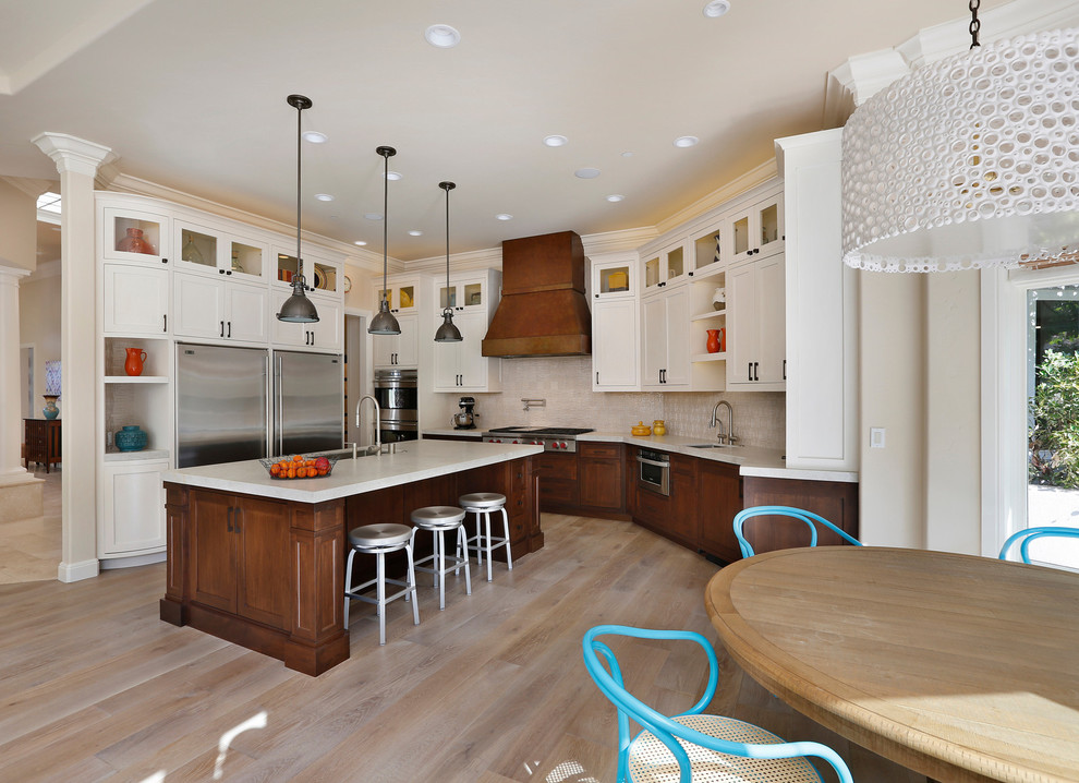 European Oak Flooring Kitchen Traditional with Blue Dining Chairs Curved