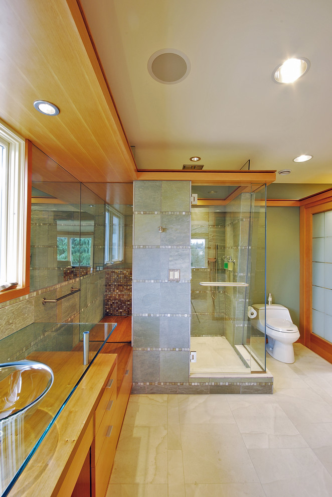 European Shower Doors Bathroom Contemporary with Beige Stone Floor Elevated