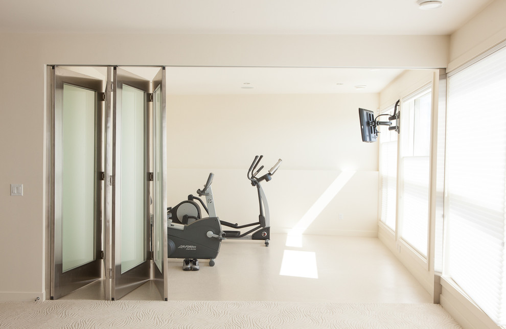Exercise Room Flooring Home Gym Contemporary with Baseboards Bi Fold Doors