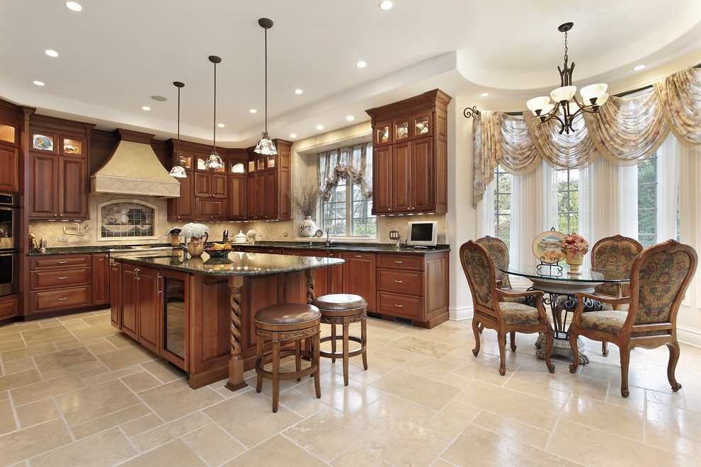 Exotic Granite Slabs Kitchen Traditional with Bay Window Beige Floor