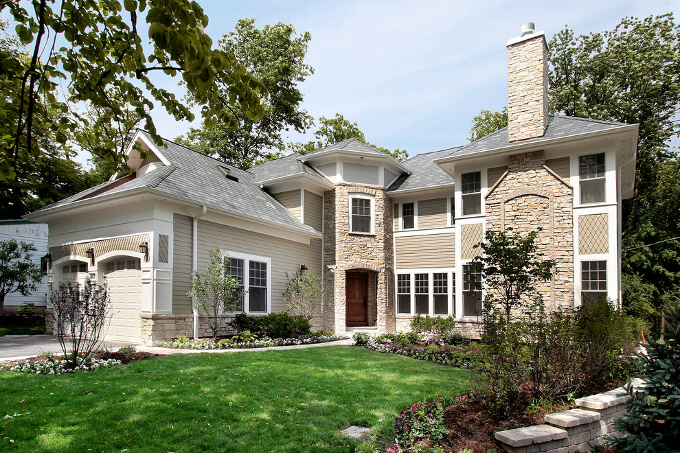 Exterior Stone Veneer Exterior Traditional with Attached Garage Cement Fiberboard
