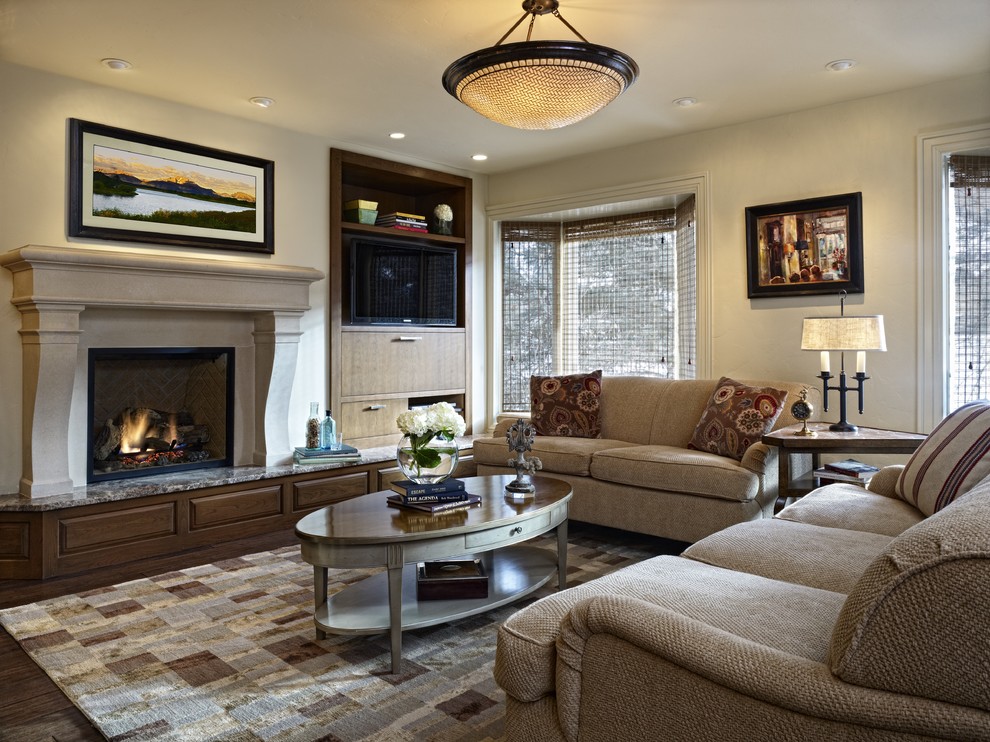 Fabric and Leather Sofa Family Room Traditional with Bay Windows Built in Cabinets