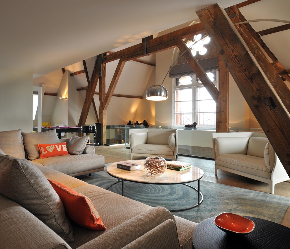 Fabric and Leather Sofa Living Room Contemporary with Arco Lamp Beams Beige