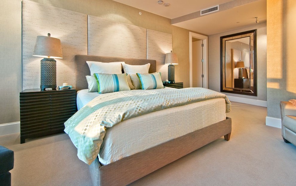 Fabric Panels for Walls Bedroom Contemporary with Baseboards Bed Pillows Bedside