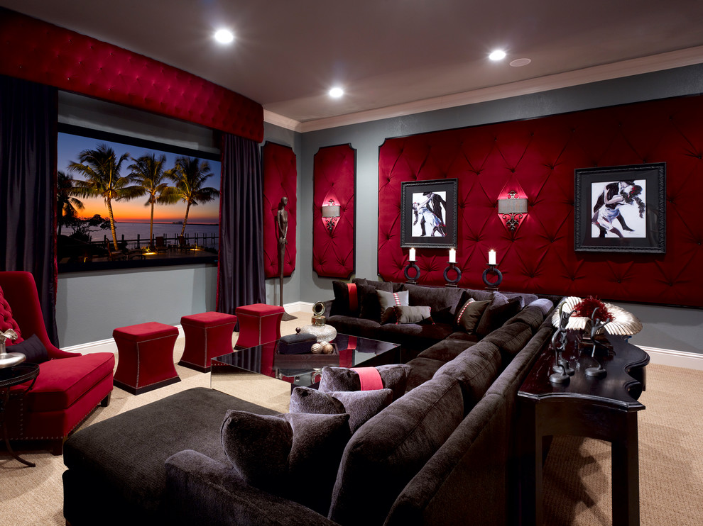 Fabric Panels for Walls Home Theater Traditional with Carpet Coffee Table Console