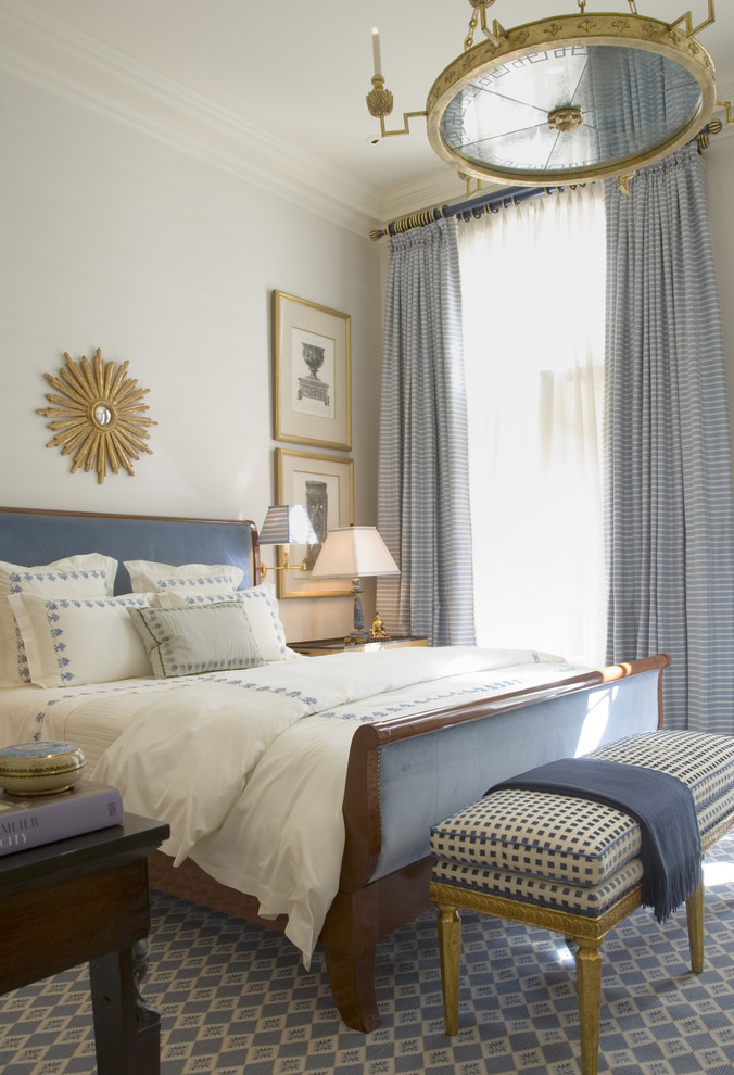 Fabric Sleigh Bed Bedroom Traditional with Antique Bedroom Bench Blue