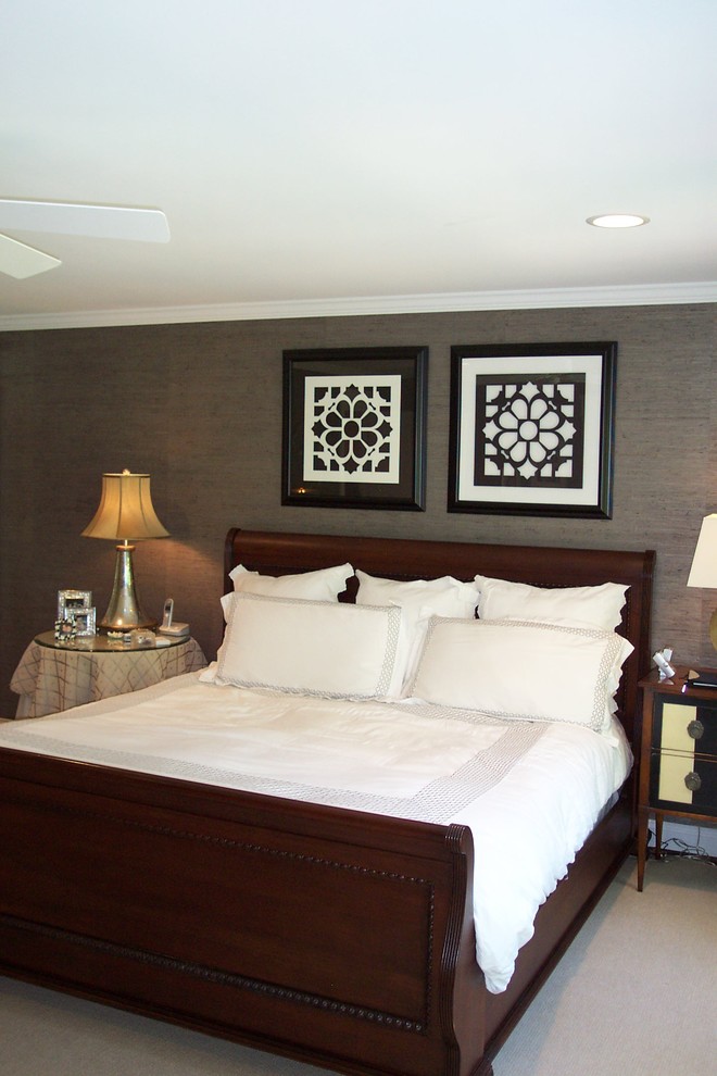 Fabric Sleigh Bed Bedroom Transitional with Bedside Table Ceiling Lighting