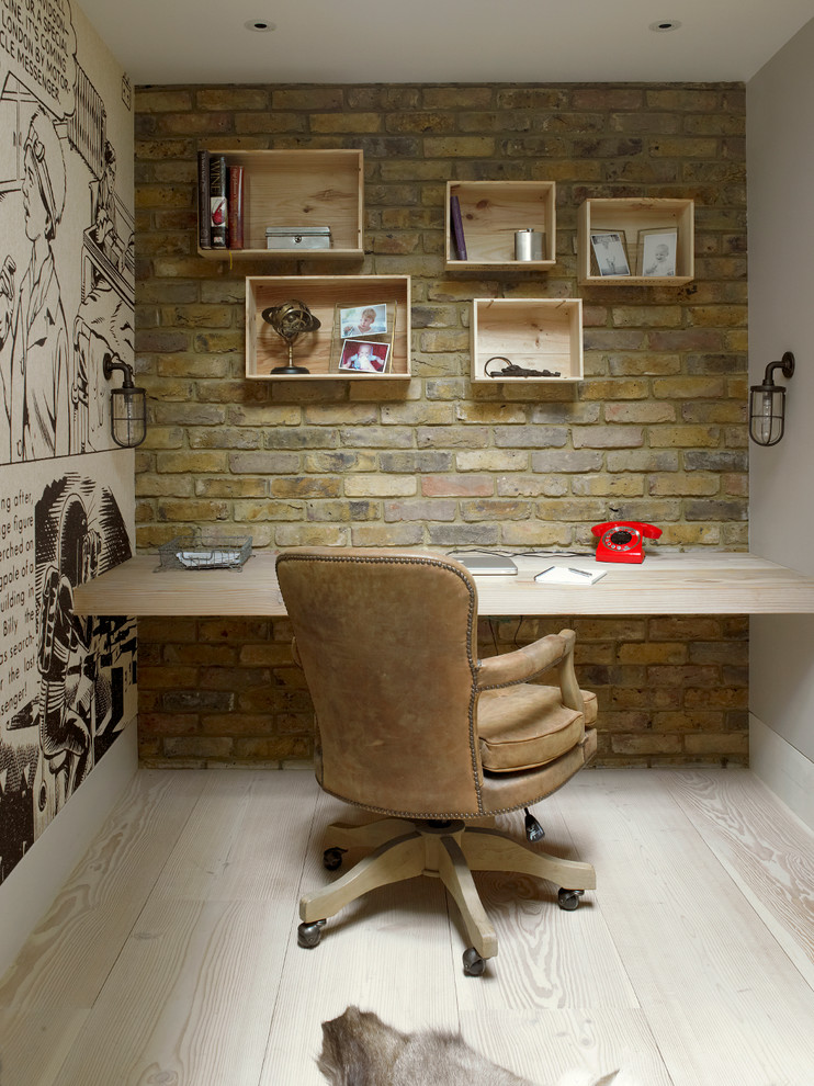 Fake Brick Wall Home Office Transitional with Black and Beige Wallpaper