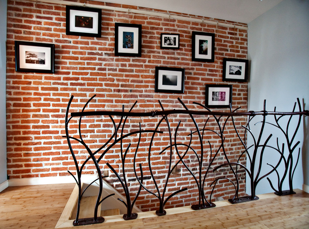 Fake Brick Wall Staircase Eclectic with Artistic Branch Rail Branch
