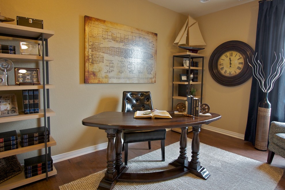 Farm Table Desk Home Office Traditional with Antiques Blue Drapes Blues