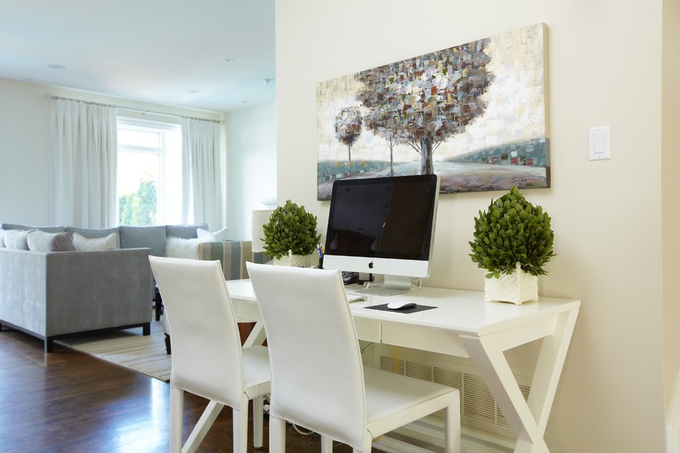 Farm Table Desk Home Office Traditional with Computer Cream Drapes Gray