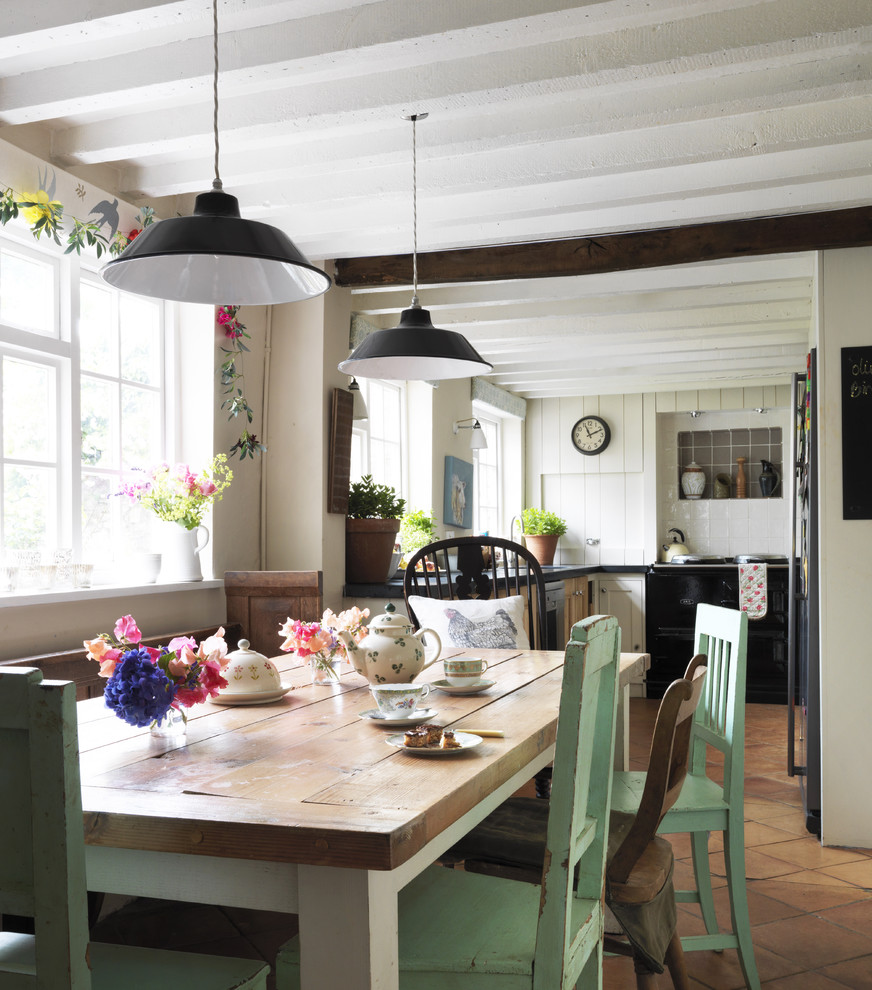 Farmhouse Kitchen Table Kitchen Eclectic with Aga Beadboard Ceiling Light