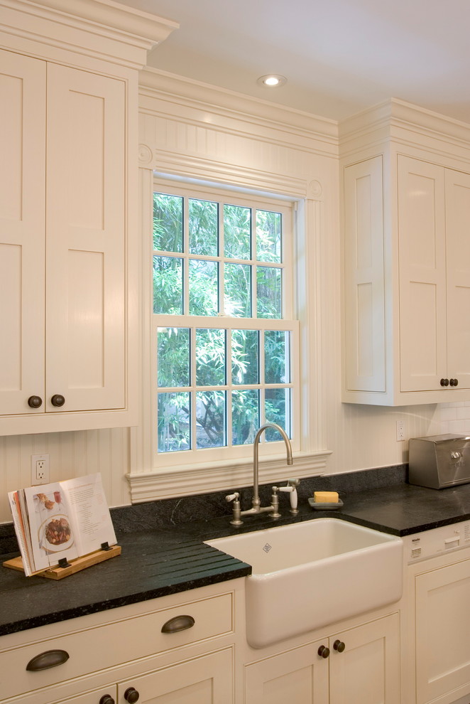 Farmhouse Sink with Drainboard Kitchen Traditional with Black Soapstone Countertops White