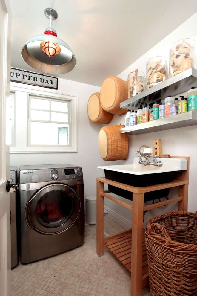 Farmhouse Utility Sink Laundry Room Eclectic with Baskets Collection Floating Shelves
