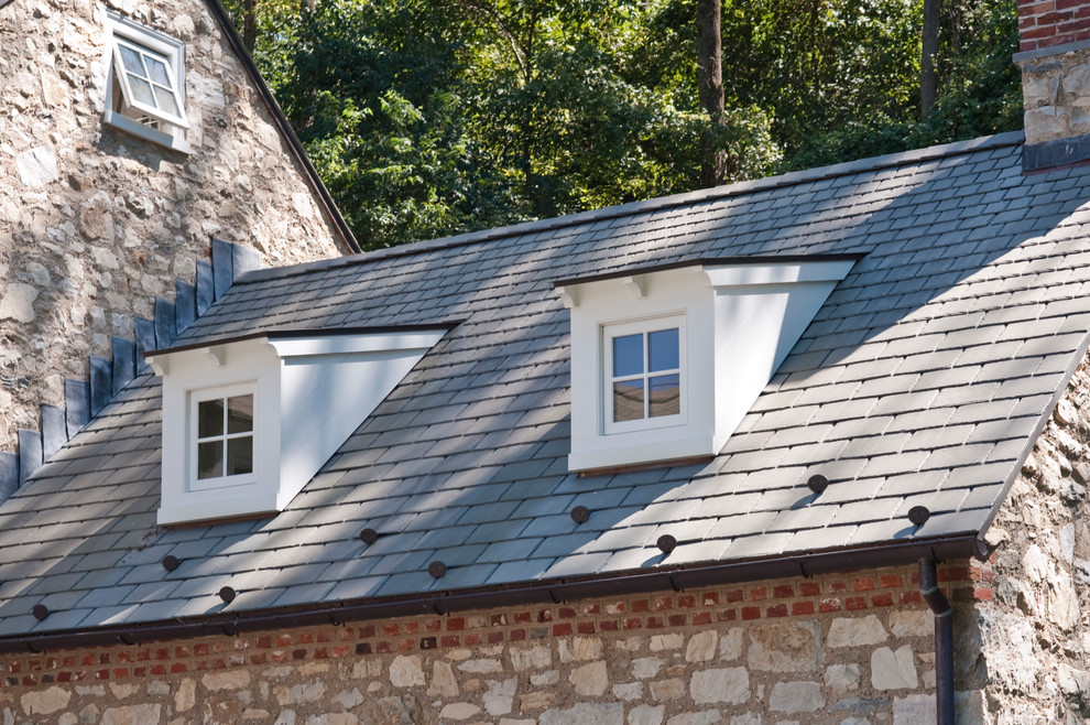 Faux Copper Gutters Exterior Farmhouse with 4 Lite Window Brick Chimney