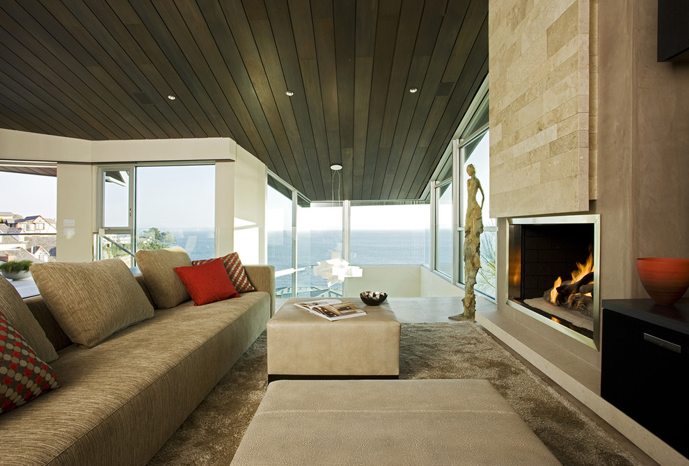 Faux Limestone Fireplace Family Room Contemporary with Accent Ceiling Accent Colors