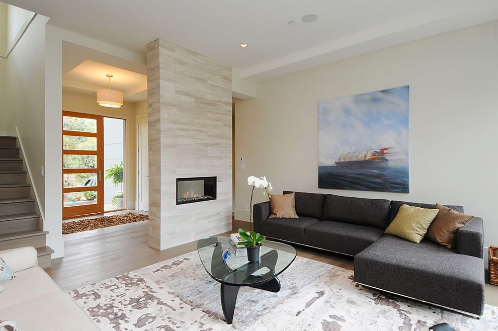 Faux Limestone Fireplace Living Room Modern with Beige Sofa Beige Tile