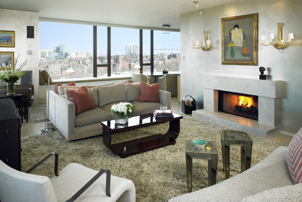 Faux Limestone Fireplace Living Room Transitional with City View Fireplace Mirrored