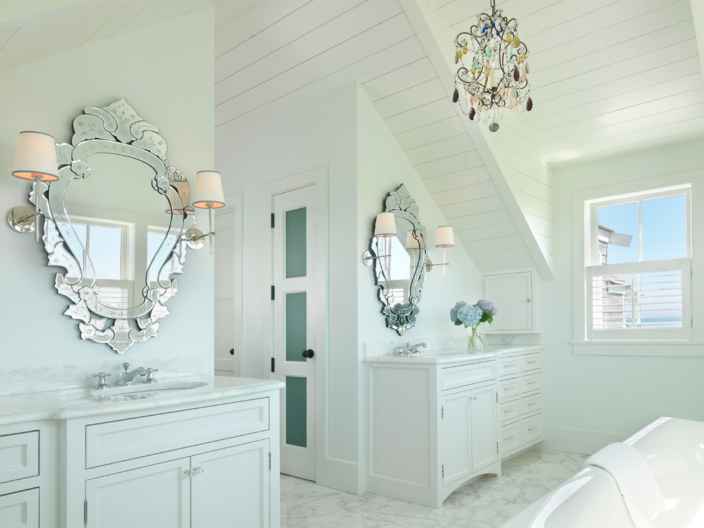 Faux Marble Tile Bathroom Beach with Chandelier Double Bathroom Sink