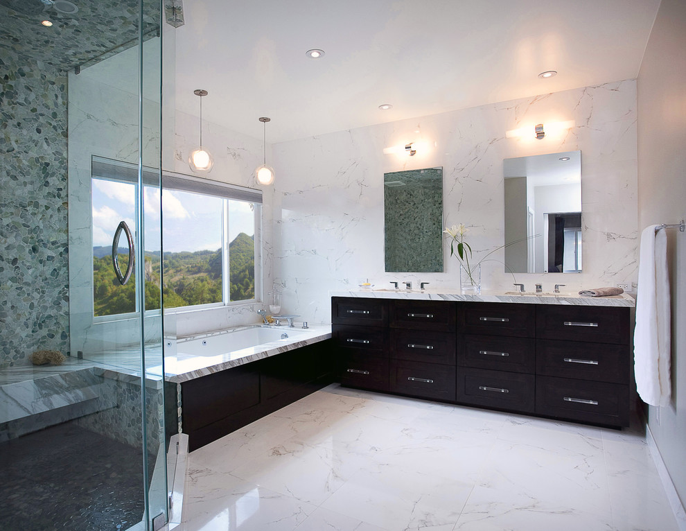 Faux Marble Tile Bathroom Contemporary with Baseboards Bathroom Lighting Custom