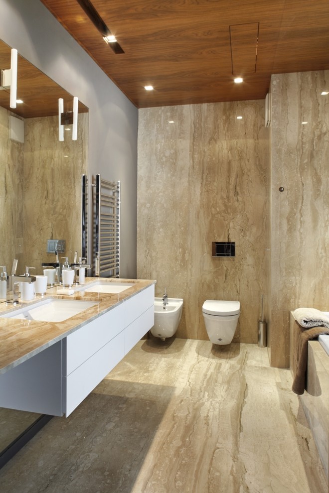 Faux Marble Tile Bathroom Contemporary with Double Sink Floating Vanity