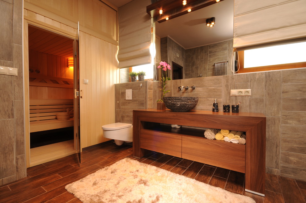 Faux Wood Tile Bathroom Contemporary with Bowl Vessel Sink Dark