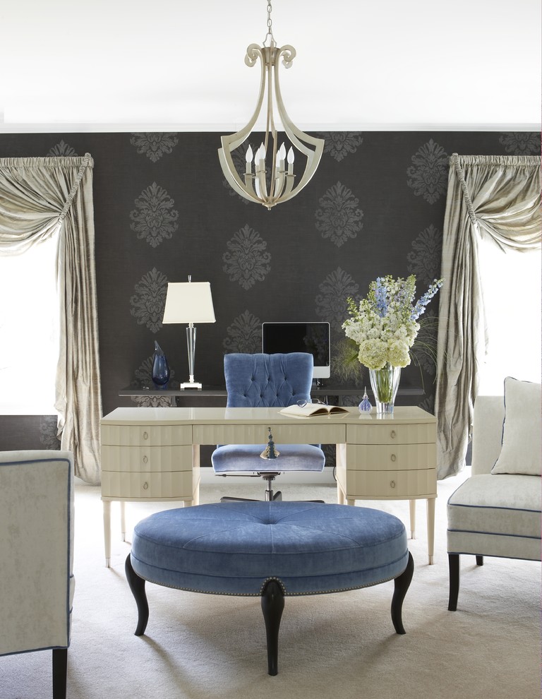 Feminine Office Furniture Home Office Transitional with Chandelier Curtains Dark Walls