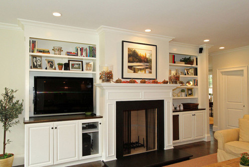 Fire Place Mantel Family Room Traditional with Bookshelves Built in Fire Place