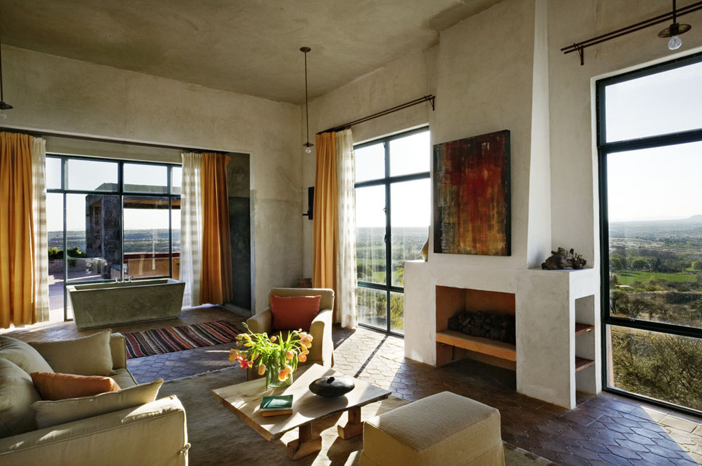 Fireplace Floor Tiles Bathroom Mediterranean with Bare Bulb Pendant Built