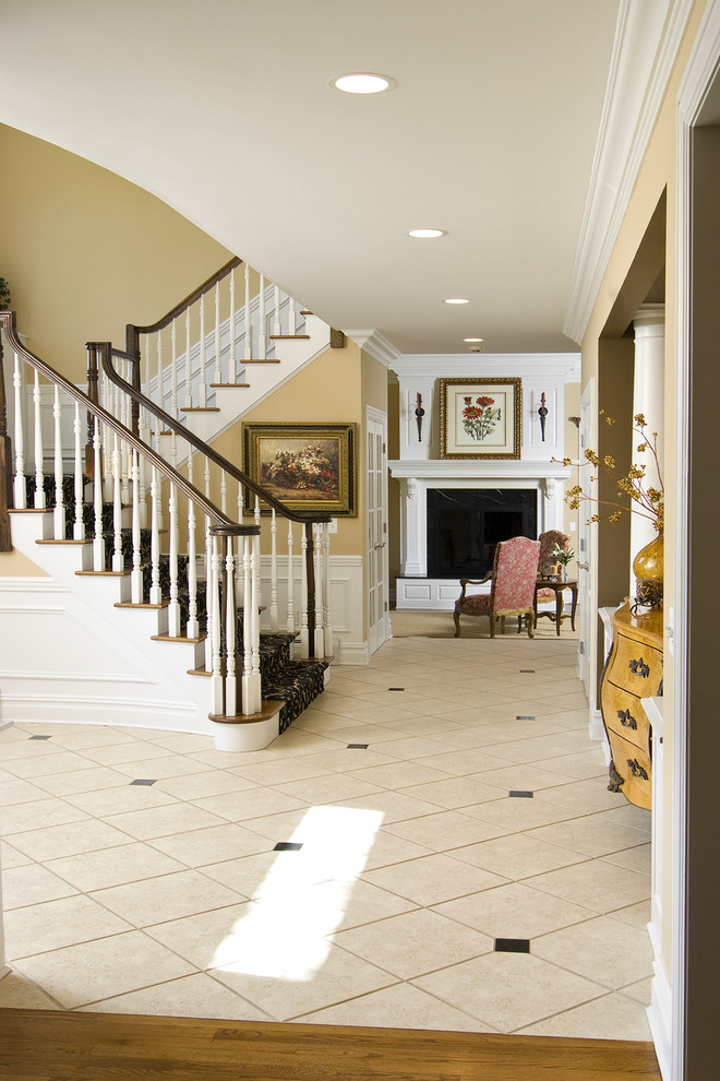 Fireplace Floor Tiles Entry Traditional with Banister Baseboards Carpet Runner