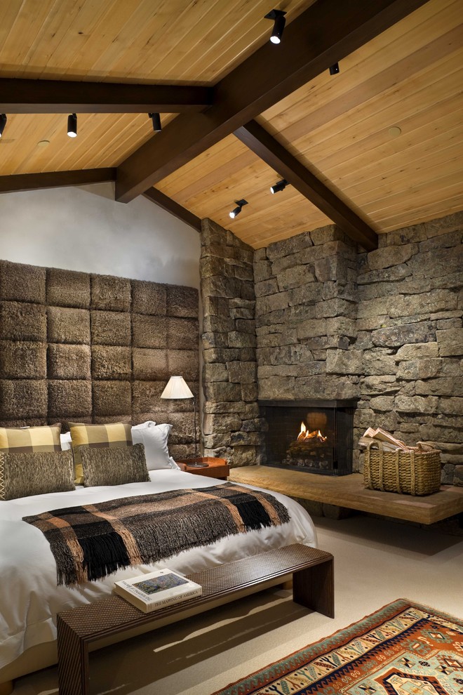 Fireplace Hearth Ideas Bedroom Rustic with Area Rug Bed Pillows
