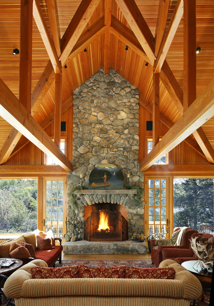 Fireplace Hearth Ideas Family Room Rustic with Adirondack Antler Beams Cabin