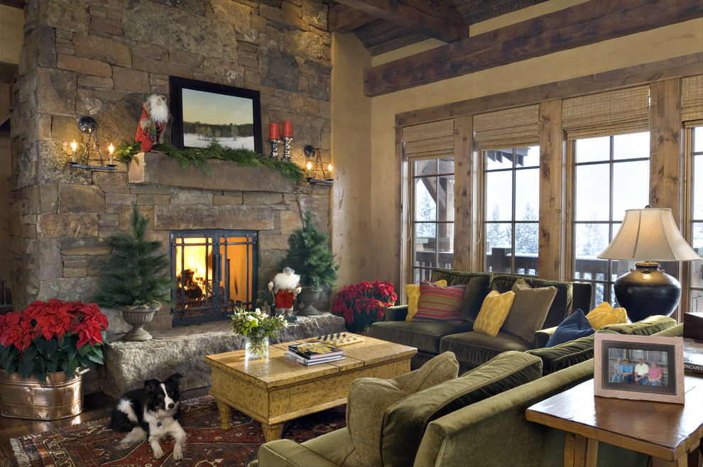 Fireplace Hearth Ideas Living Room Rustic with Antiques Bamboo Shades Beams