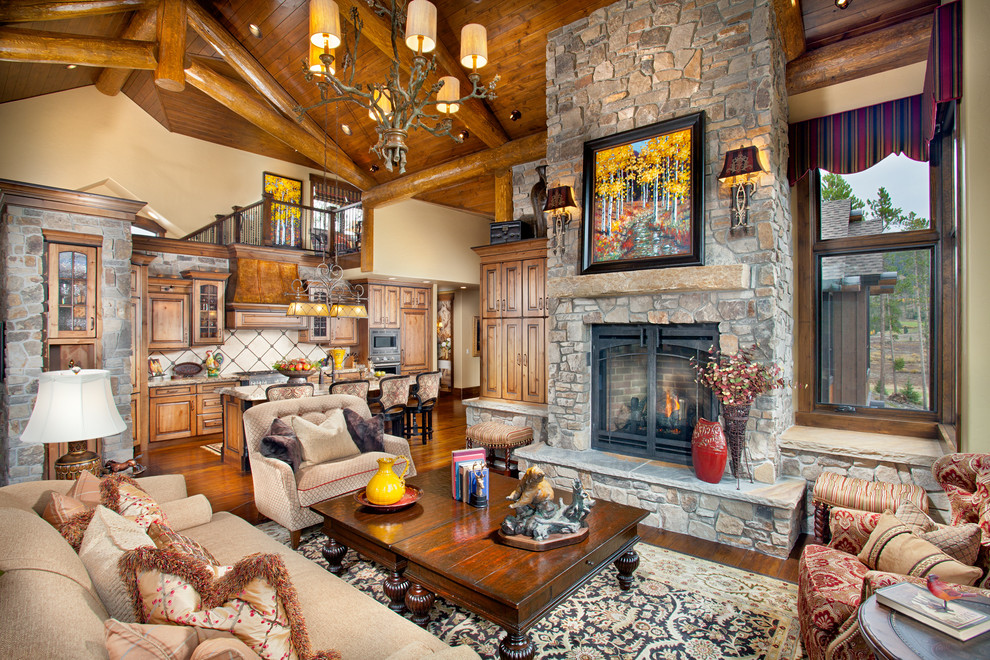 Fireplace Hearth Ideas Living Room Rustic with Beams Fringe Open Kitchen