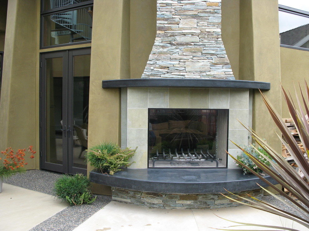 Fireplace Hearth Stone Landscape Contemporary with Bronze Doors Colored Concrete