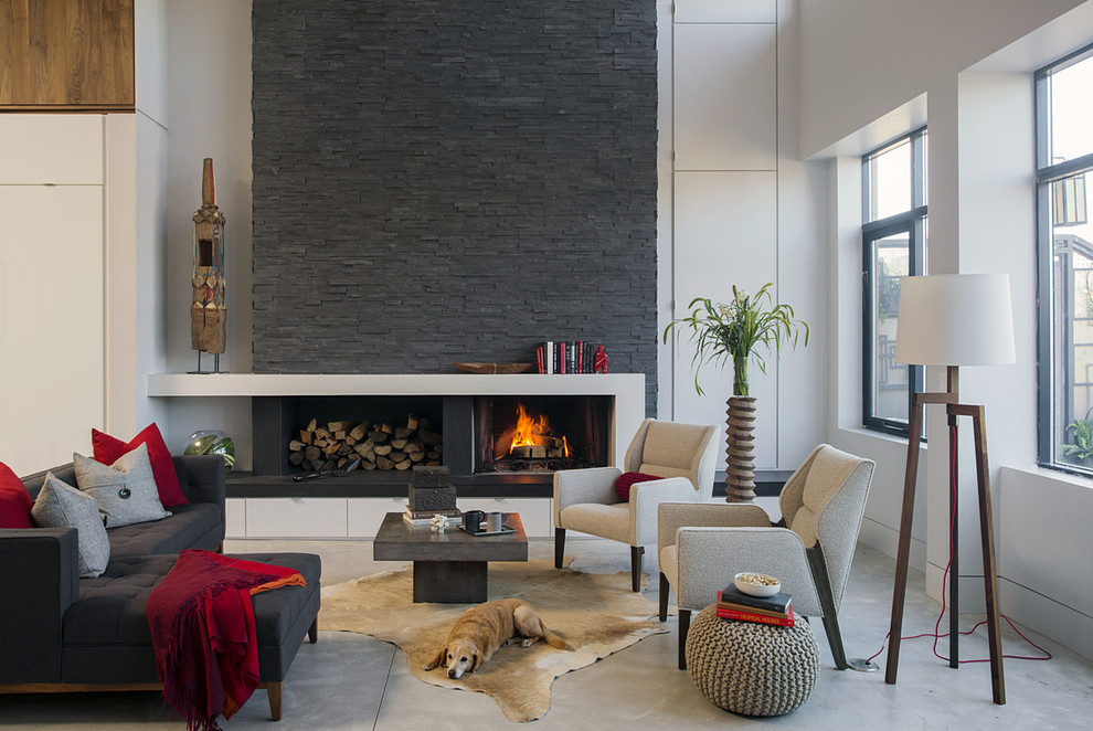 Fireplace Ideas with Stone Living Room Contemporary with Animal Skin Area Rug