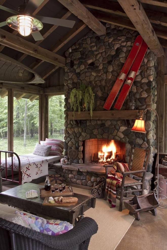 Fireplace Makeover Ideas Porch Rustic with Cabin Fireplace Iron Bed