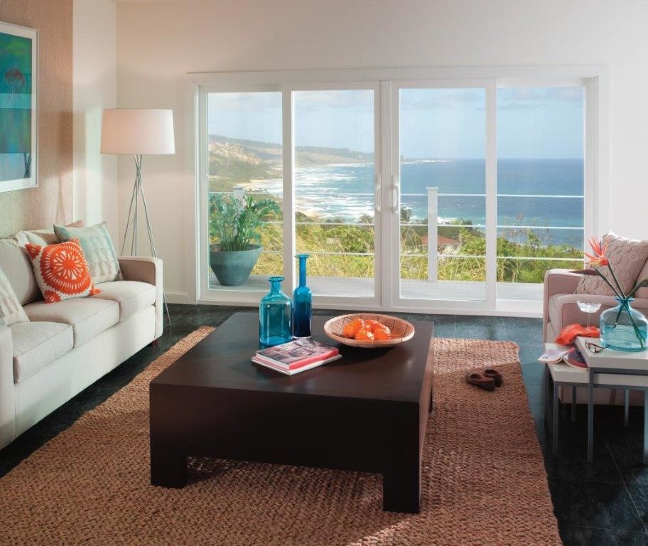 Fireplace Stacked Stone Living Room Contemporary with 350 Series 4 Panel