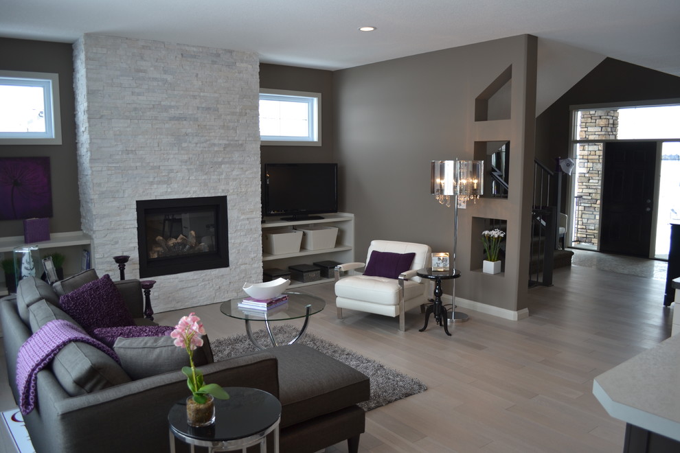 Fireplace Stacked Stone Living Room Transitional with Black Side Table Brick