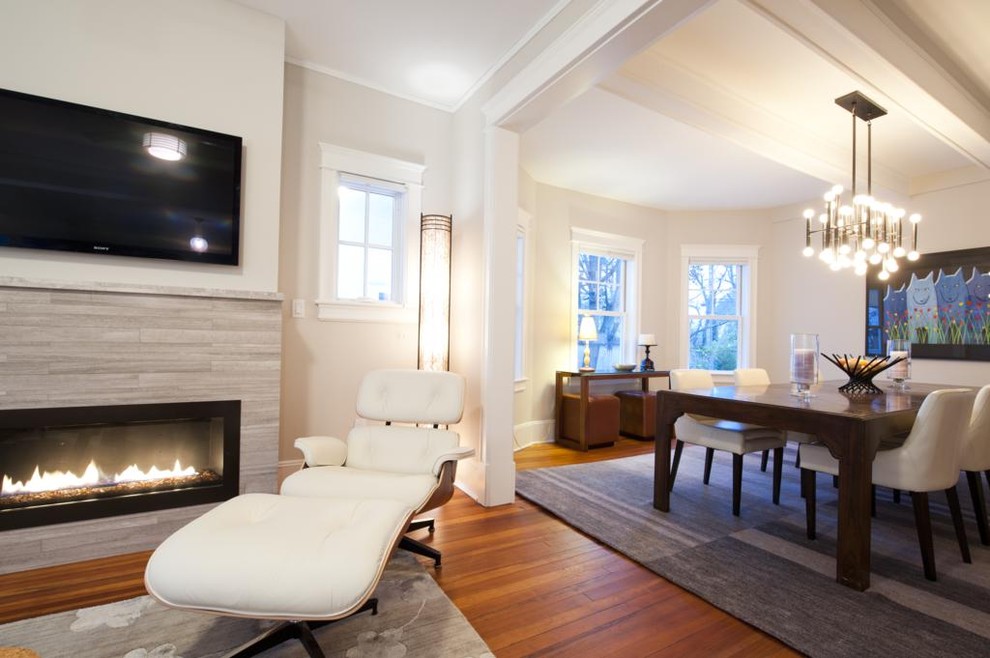 Fireplace Stone Surround Family Room Transitional with Area Rug Bare Bulb